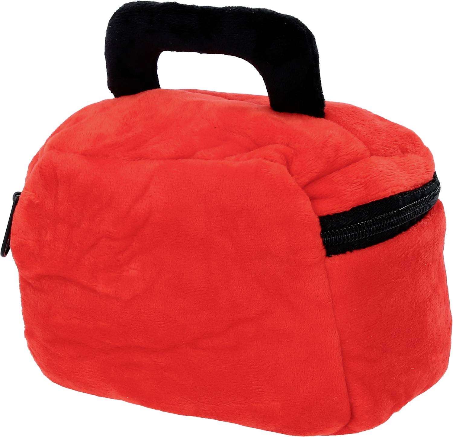 Een rode pluche tas met een zwarte handgreep en een rits aan de zijkant.
