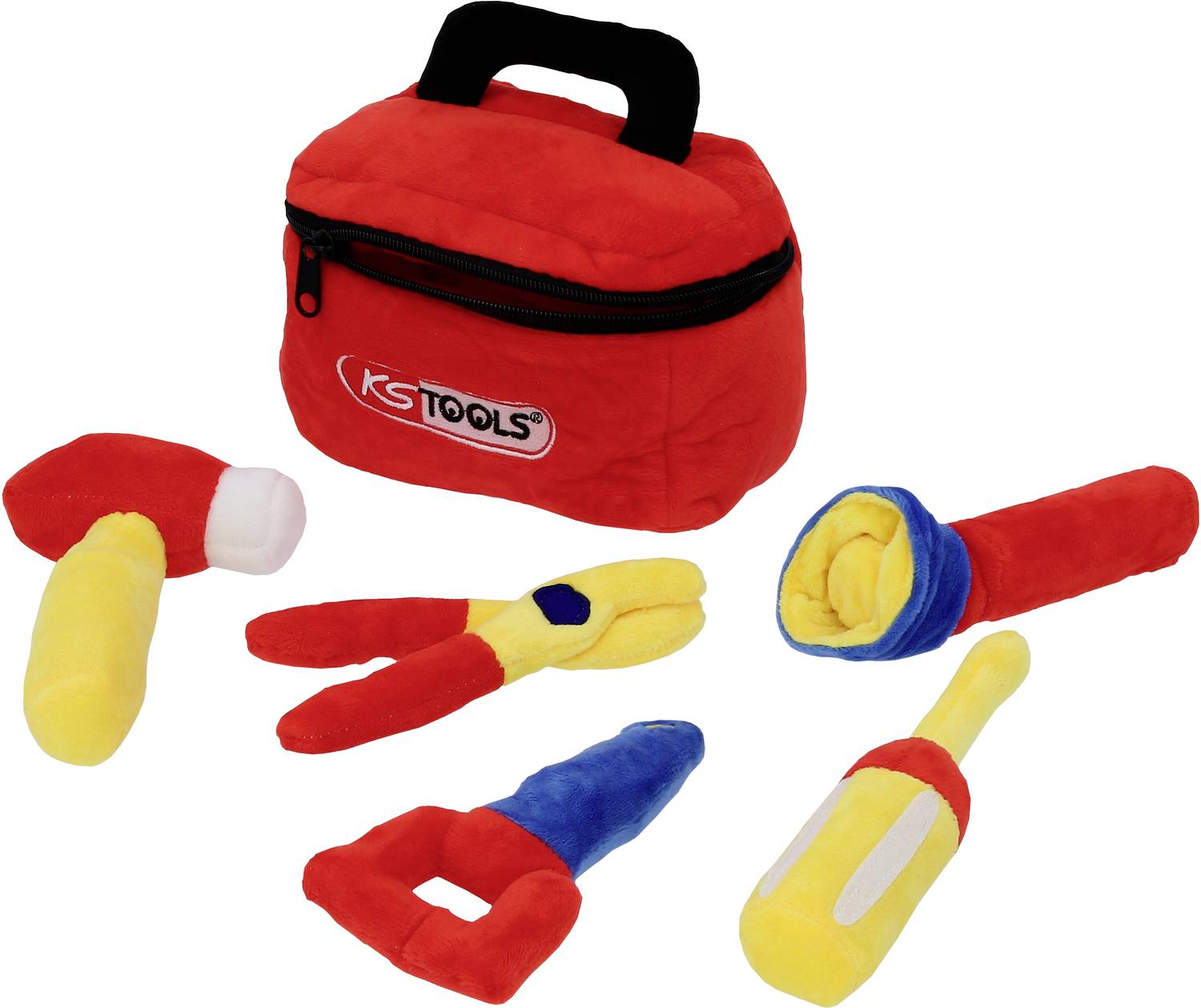'Rood speelgoed-gereedschapsset voor kinderen, bestaande uit tas, hamer, tang, moersleutel, zaklamp en schroevendraaier.'