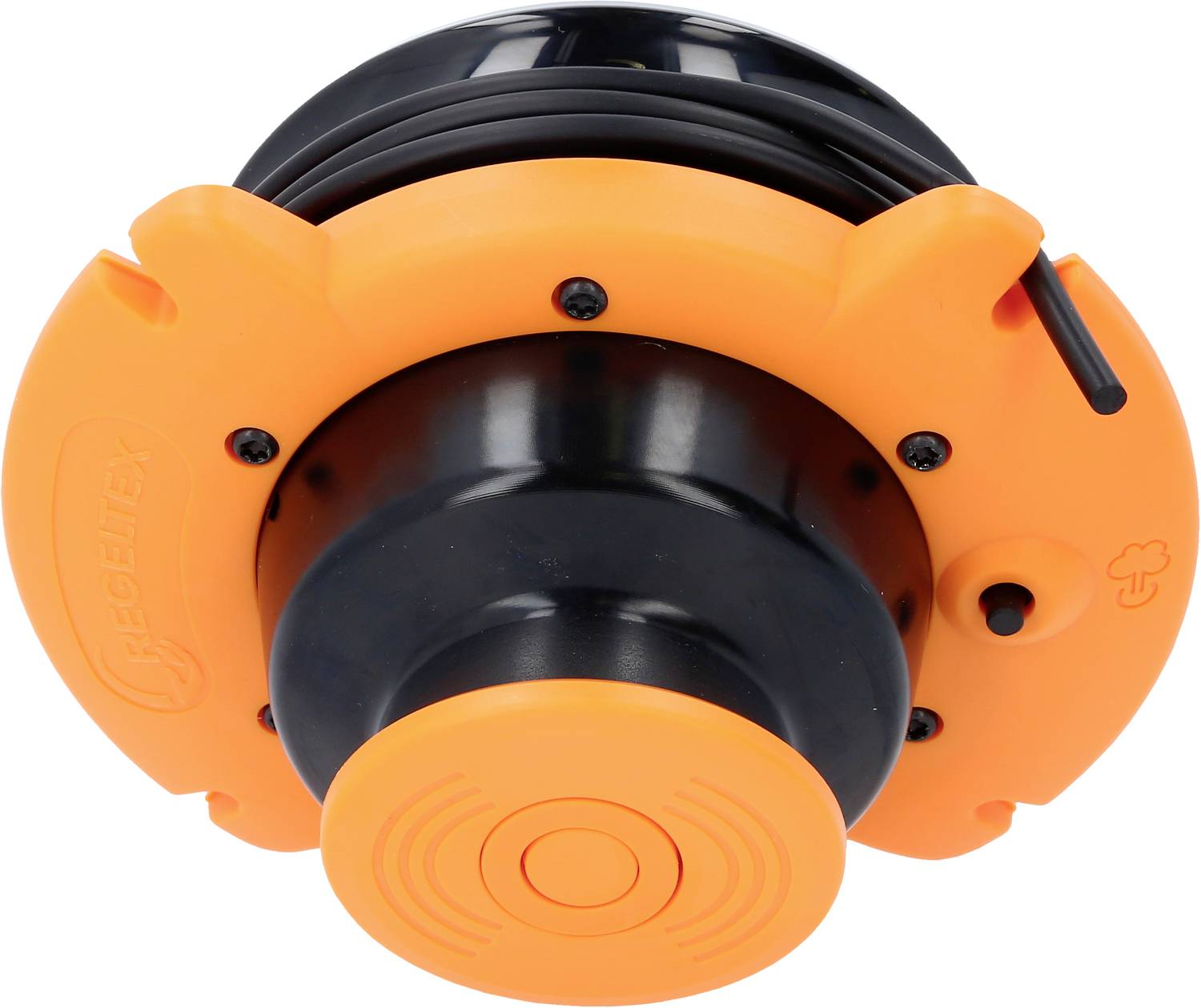 Een oranje draadspoel, vermoedelijk onderdeel van een bosmaaier of trimmer, met zwarte details en zichtbare draadstructuur.