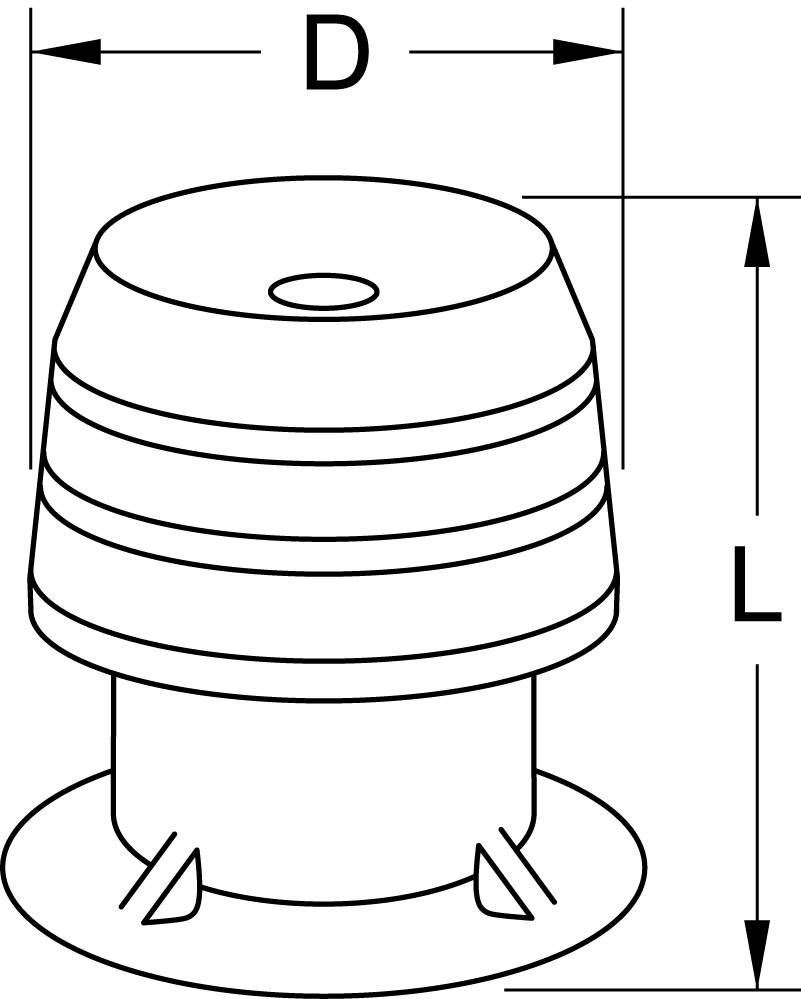 Technische tekening van een cilindrisch ventilatieonderdeel met diameter 'D' en hoogte 'L'. Toont bevestigingsbasis en cilindrische vorm.