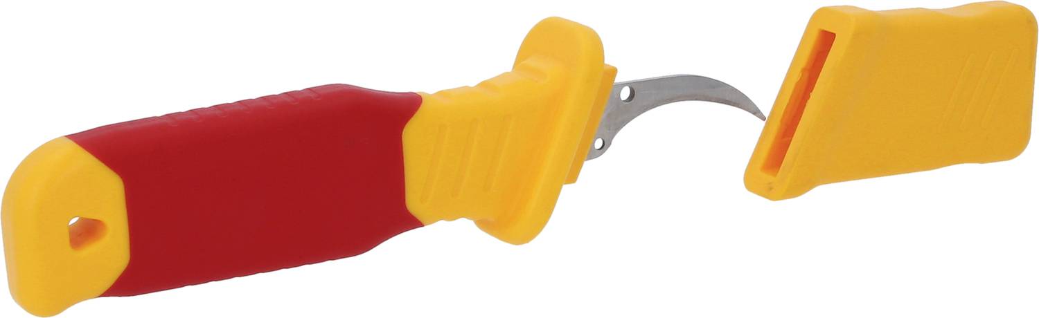 Een veiligheidsmesje met een rode handgreep en geel lemmet, afgeronde punt, beschermkap verwijderd.