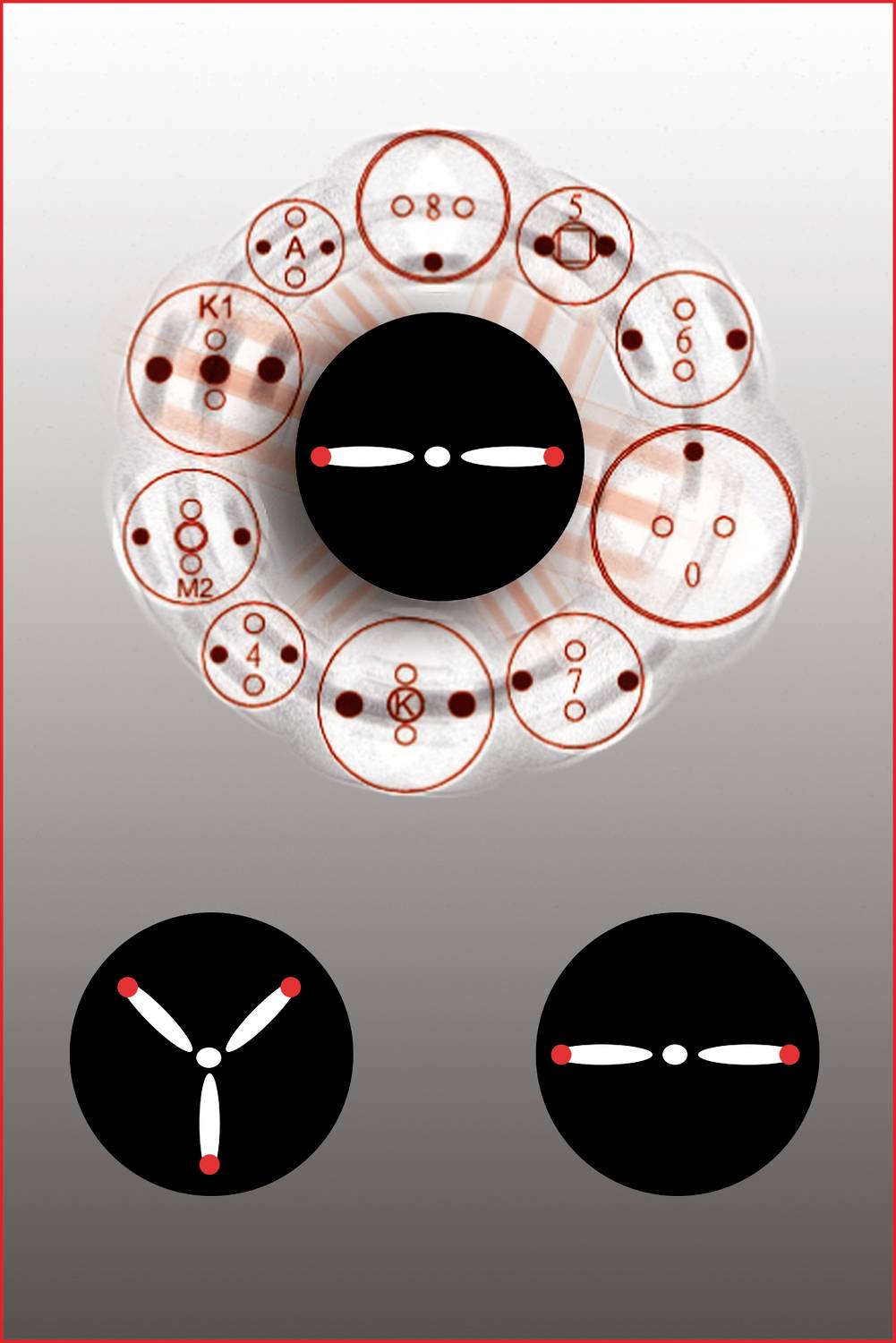 De afbeelding toont een diagram met meerdere zwarte cirkels die verschillende patronen vertegenwoordigen door middel van rode en witte markeringen.
