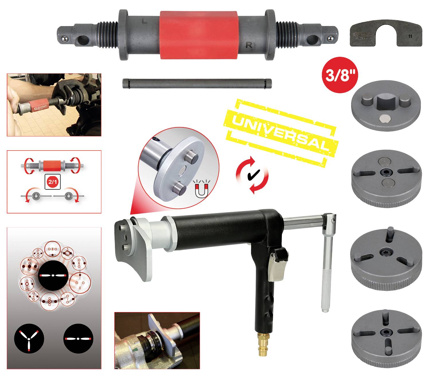 Universeel remzuiger terugstelgereedschapset met verschillende adapterformaten en toebehoren voor eenvoudig en efficiënt remdonderhoud.