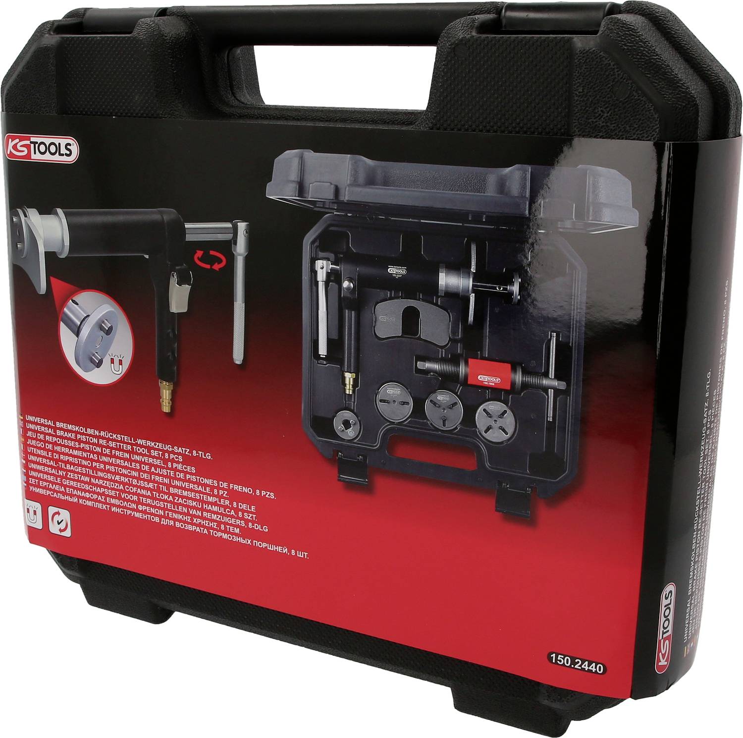 Zwarte kunststof gereedschapskoffer met tangen en adapters. Rode opschrift toont details. Fabrikant: KS-Tools.