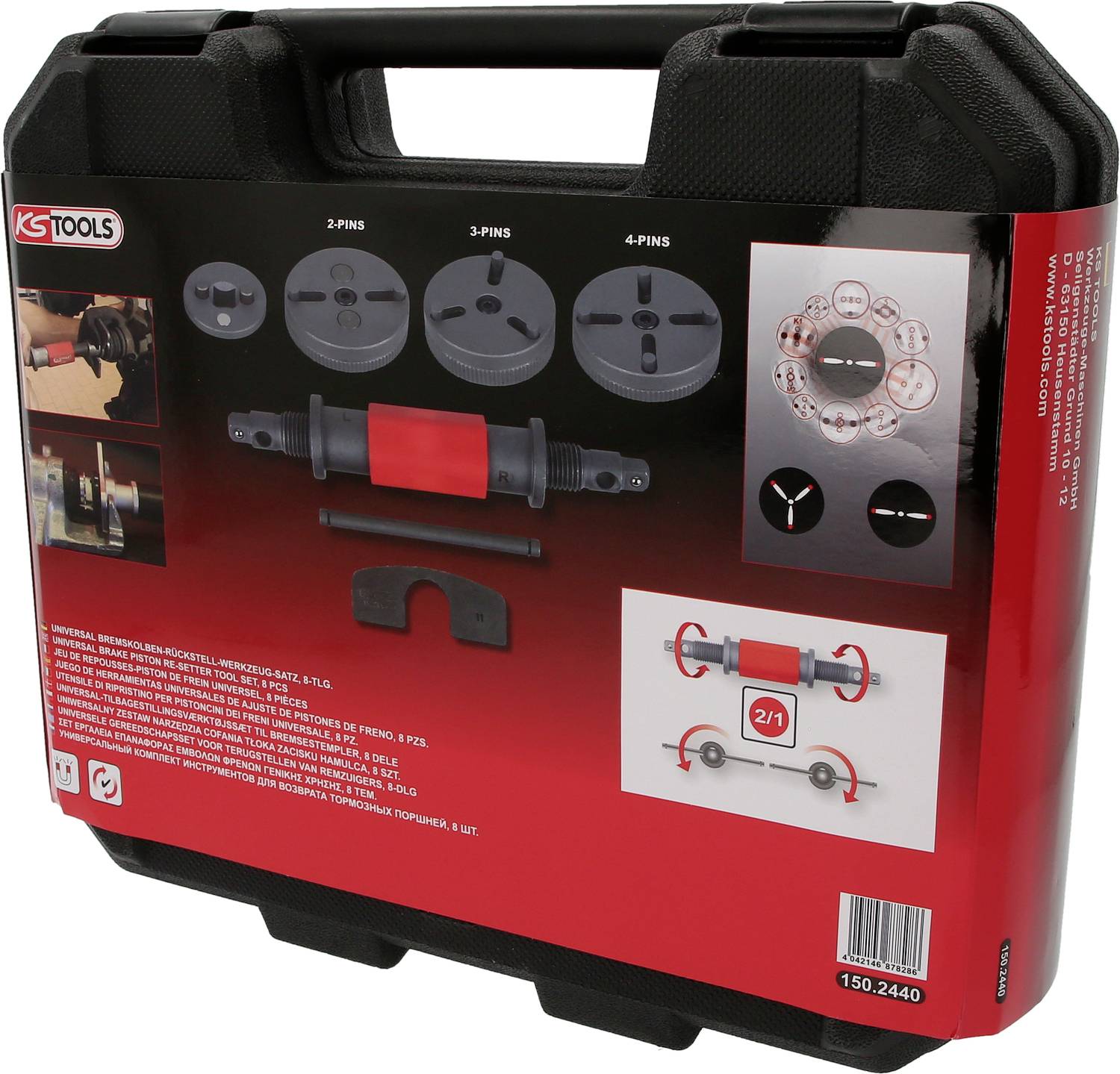 Een gereedschapskoffer van KS Tools met ontgrendelingsgereedschapset, bevattende verschillende adapters voor pinnen en een gebruiksaanwijzing.