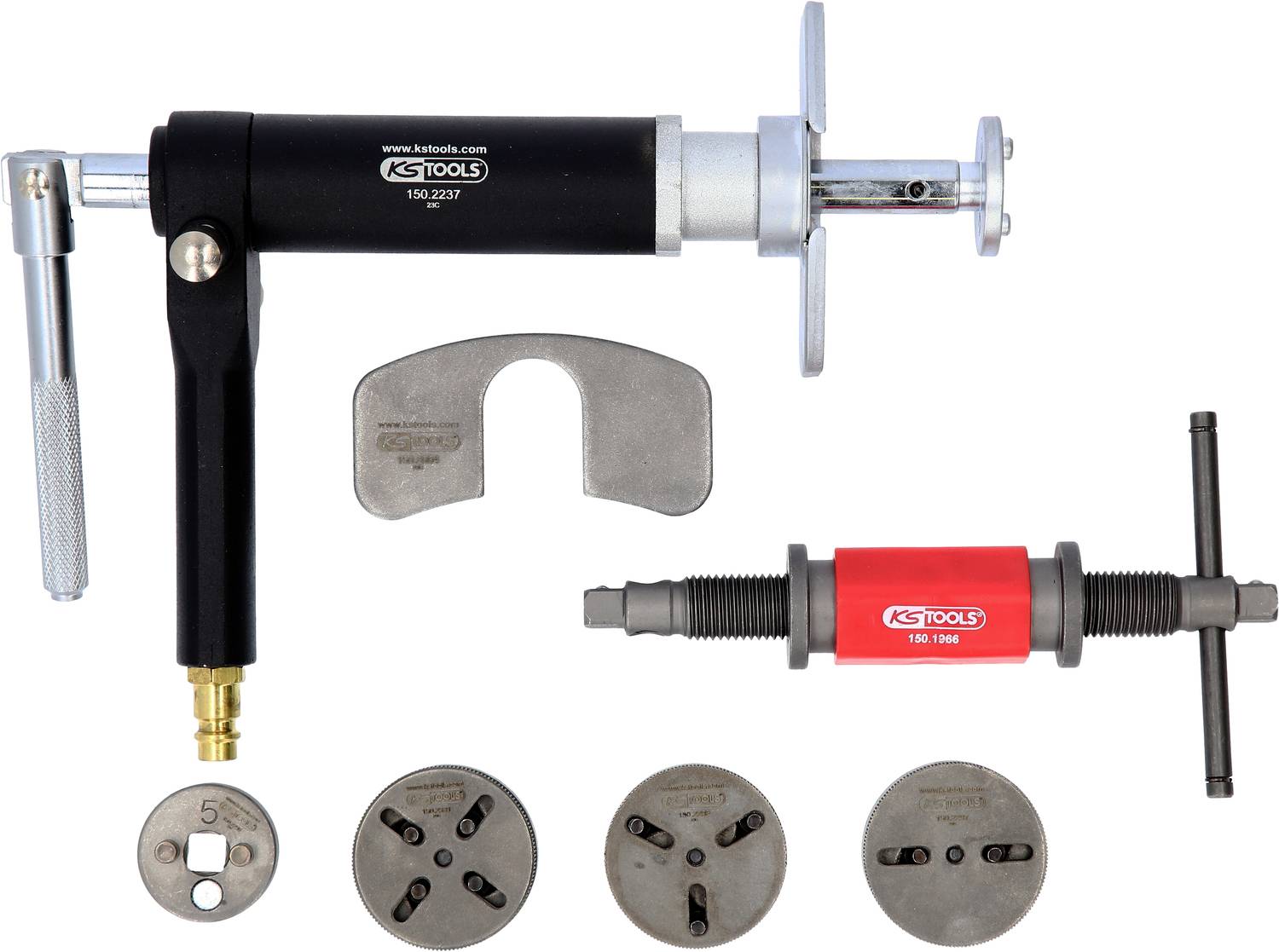 Remzuiger terugsteller-set voor het onderhoud van remsystemen, met verschillende adapters en gereedschappen voor eenvoudige bediening.