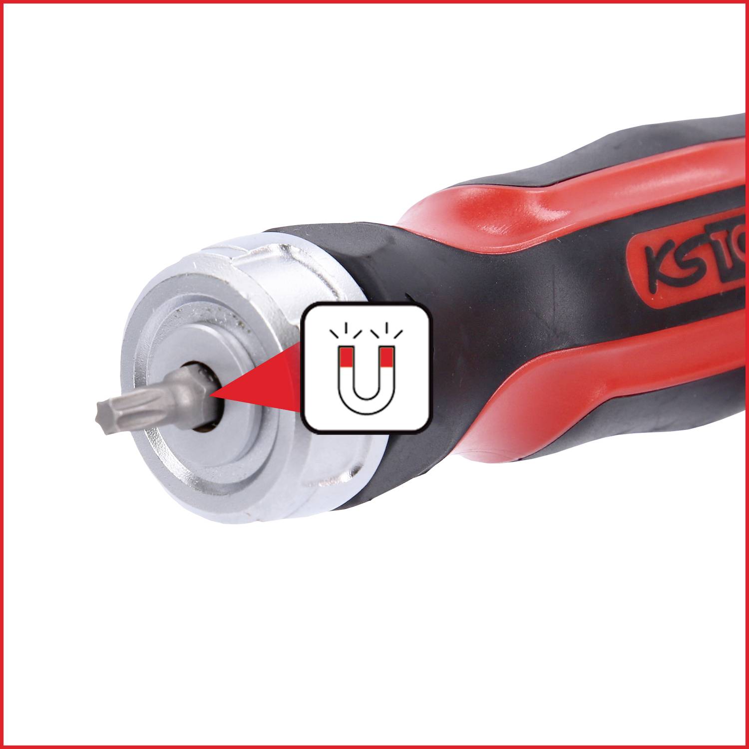 'Close-up van een schroevendraaier met magnetische punt.'