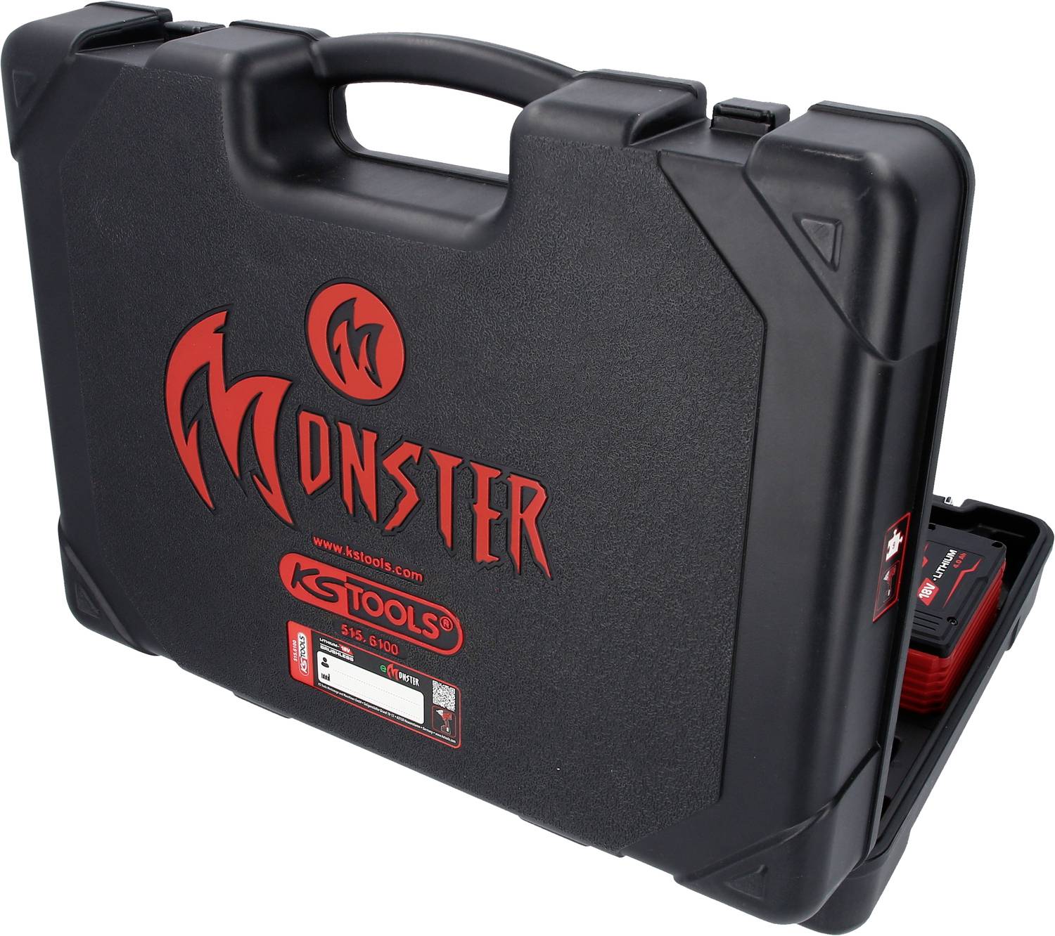 Zwarte gereedschapskoffer met rood 'Monster'-logo en KS Tools-opschrift, een deel van de inhoud zichtbaar aan de rechterkant.