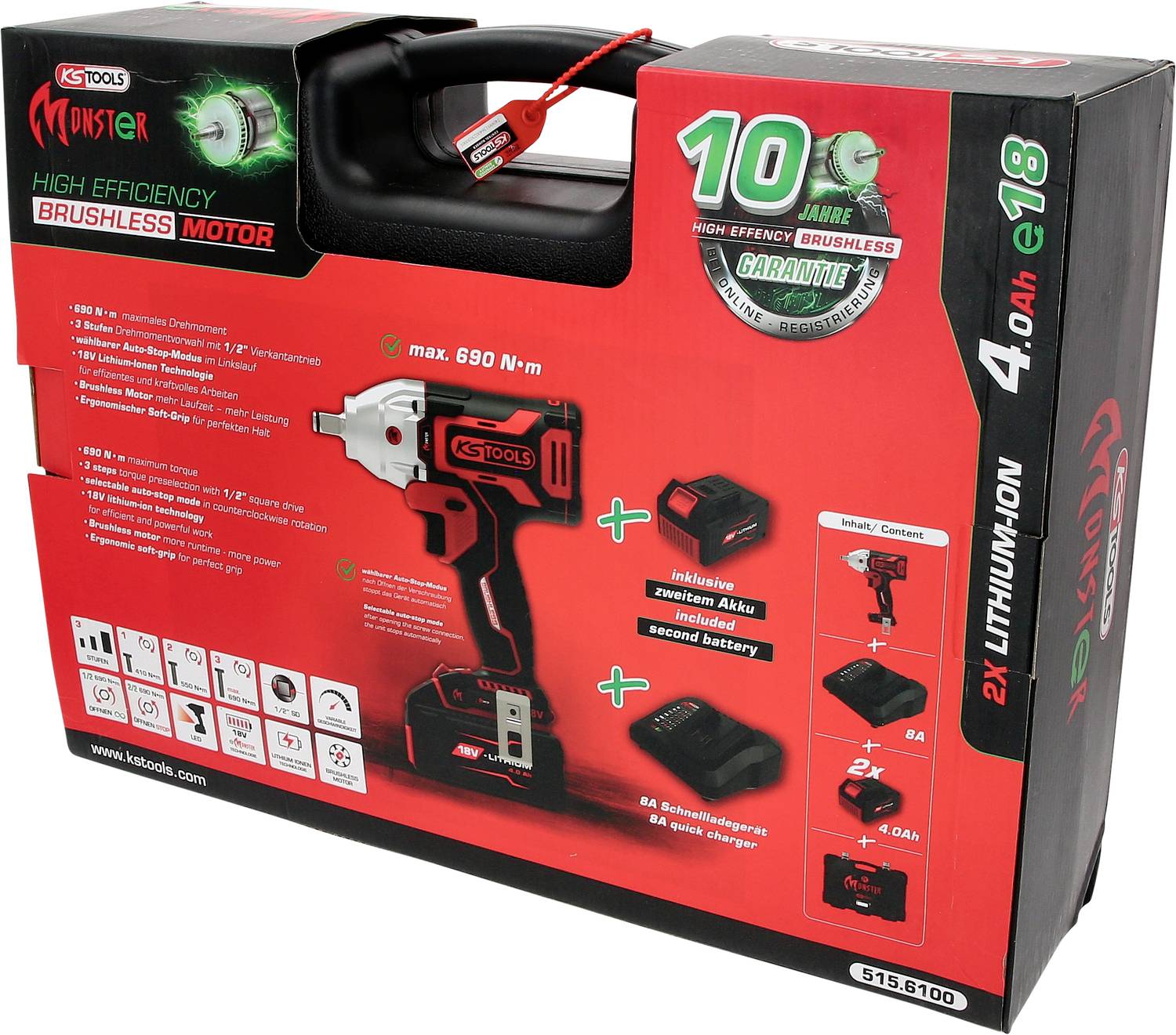 Accu-slagschroevendraaier-set van KS Tools. Bevat slagschroevendraaier, twee accu's, snellader. Maximaal 690 Nm, 18V, 4,0Ah.