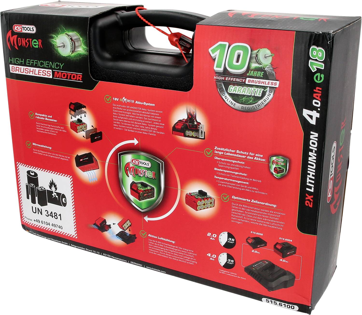 Een rode verpakking van KS Tools Monster accusgereedschap, 18V, borstelloze motor, 10 jaar garantie, 2 Li-Ion accu's 4.0Ah.