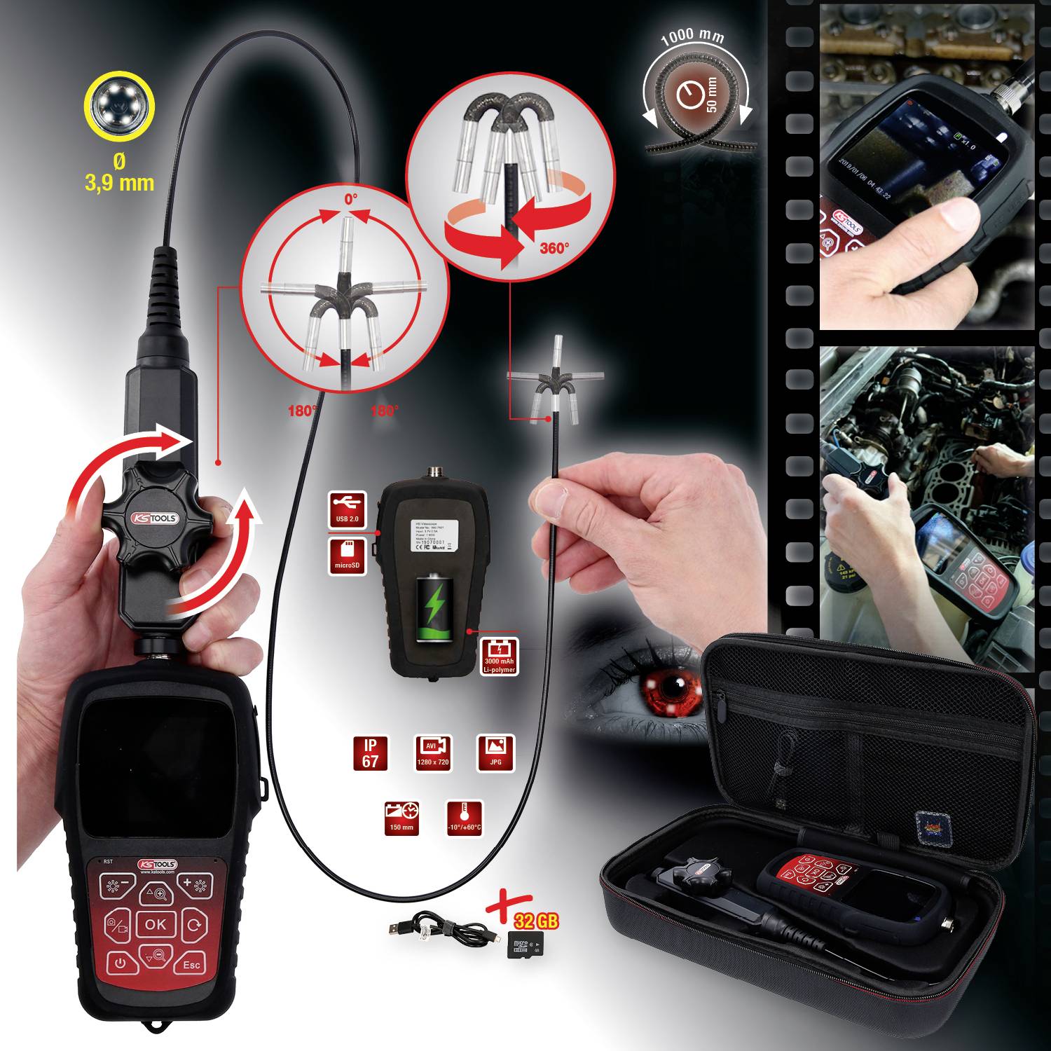 Endoscopcamera met flexibel, 1 m lang kabel en 3,9 mm sonde. Toont close-upweergave van stekkers en toebehoren. Ideaal voor auto-inspecties.