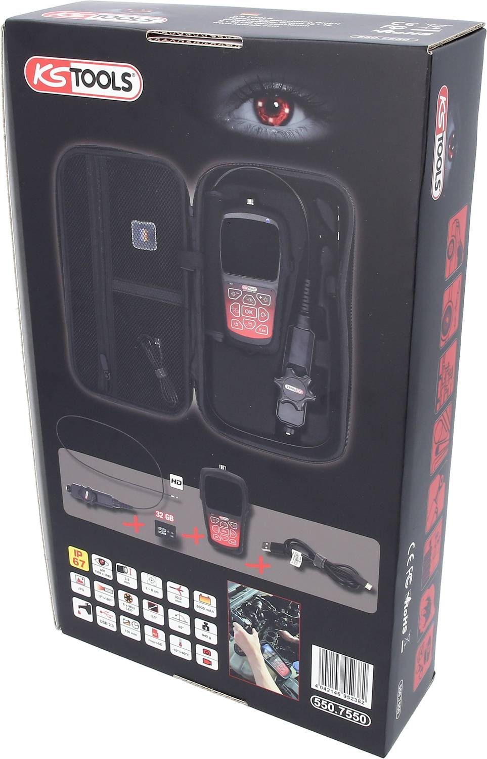 Verpakking van een KS Tools endoscoop met afbeelding van het product, een camera met display en toebehoren in een etui; voor inspectiedoeleinden.
