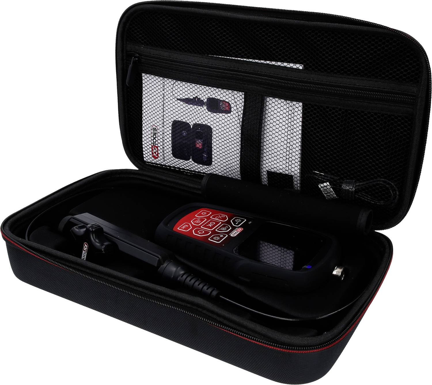 Een open zwart etui toont een inspectiecamera-set met een scherm, aansluitkabels en een gebruiksaanwijzing.