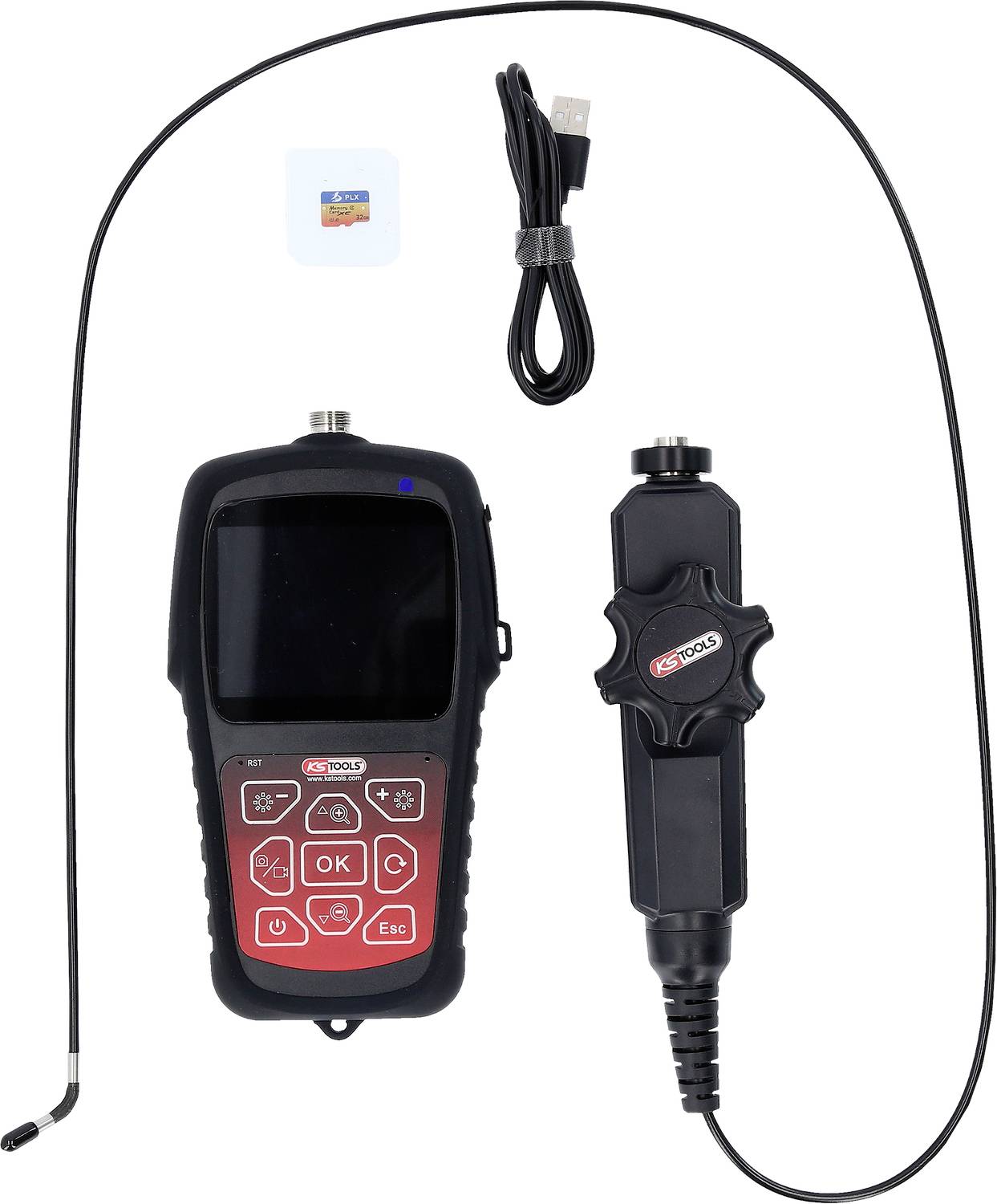 Endoscopcamera met flexibele kabel, groot scherm en knoppen voor eenvoudige bediening. USB-kabel en MicroSD-kaart inbegrepen.