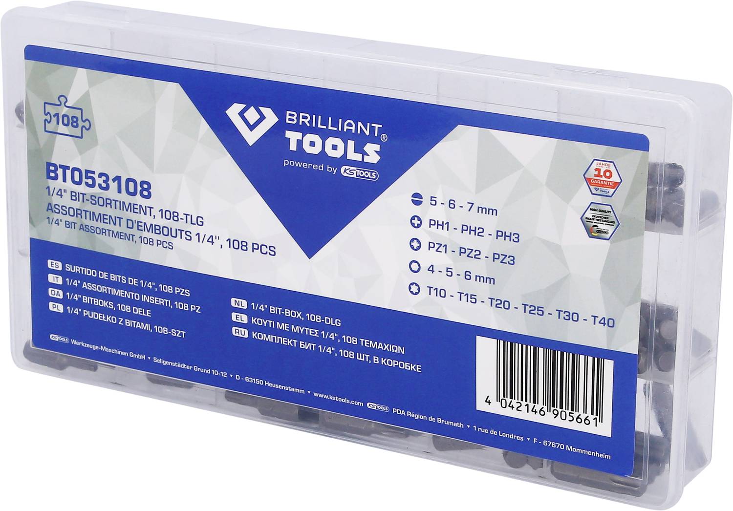 Een doos met een 108-delig bitset van 'Brilliant Tools', bevat bits in verschillende maten en vormen voor veelzijdige toepassingen.