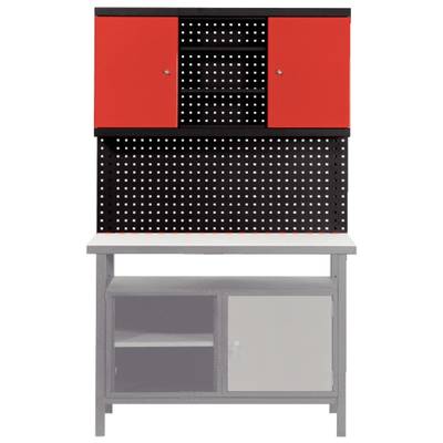 Werkbank met metalen frame, geperforeerde achterwand en rode hangkasten; daaronder een gesloten onderkast.