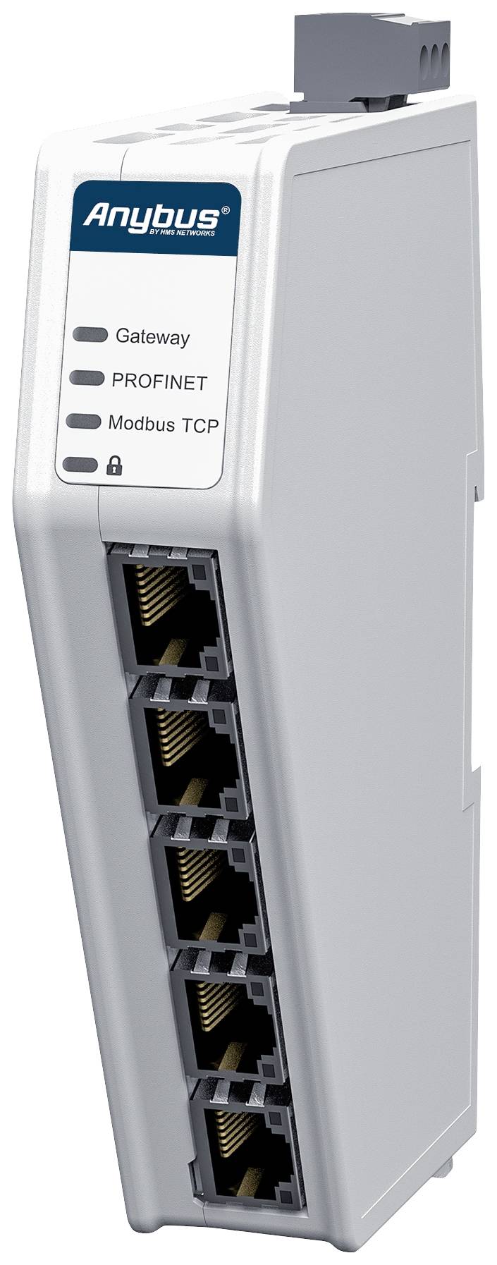 Industrieel apparaat met zes Ethernet-poorten. Gelabeld: 'Anybus Gateway, PROFINET, Modbus TCP'. Netwerkmodule in grijs.