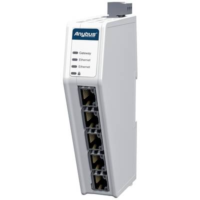 Een communicatiemodule met 'Anybus'-logo, toont vijf Ethernet-aansluitingen voor gateway- en Ethernet-verbindingen.