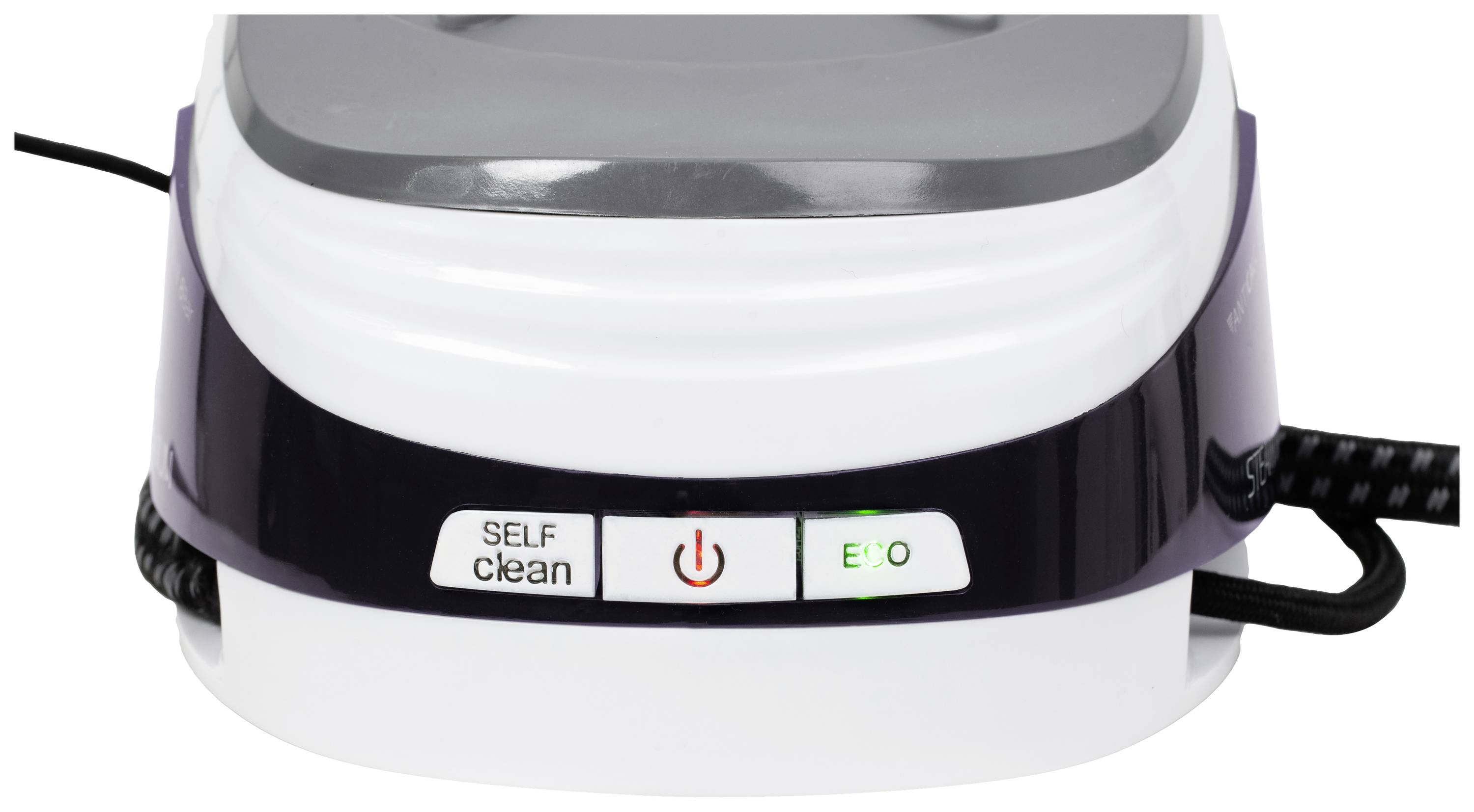 Elektrisch huishoudelijk apparaat met 'SELF clean'-toets, aan/uit-schakelaar en groene LED-indicator op het voorste bedieningspaneel.