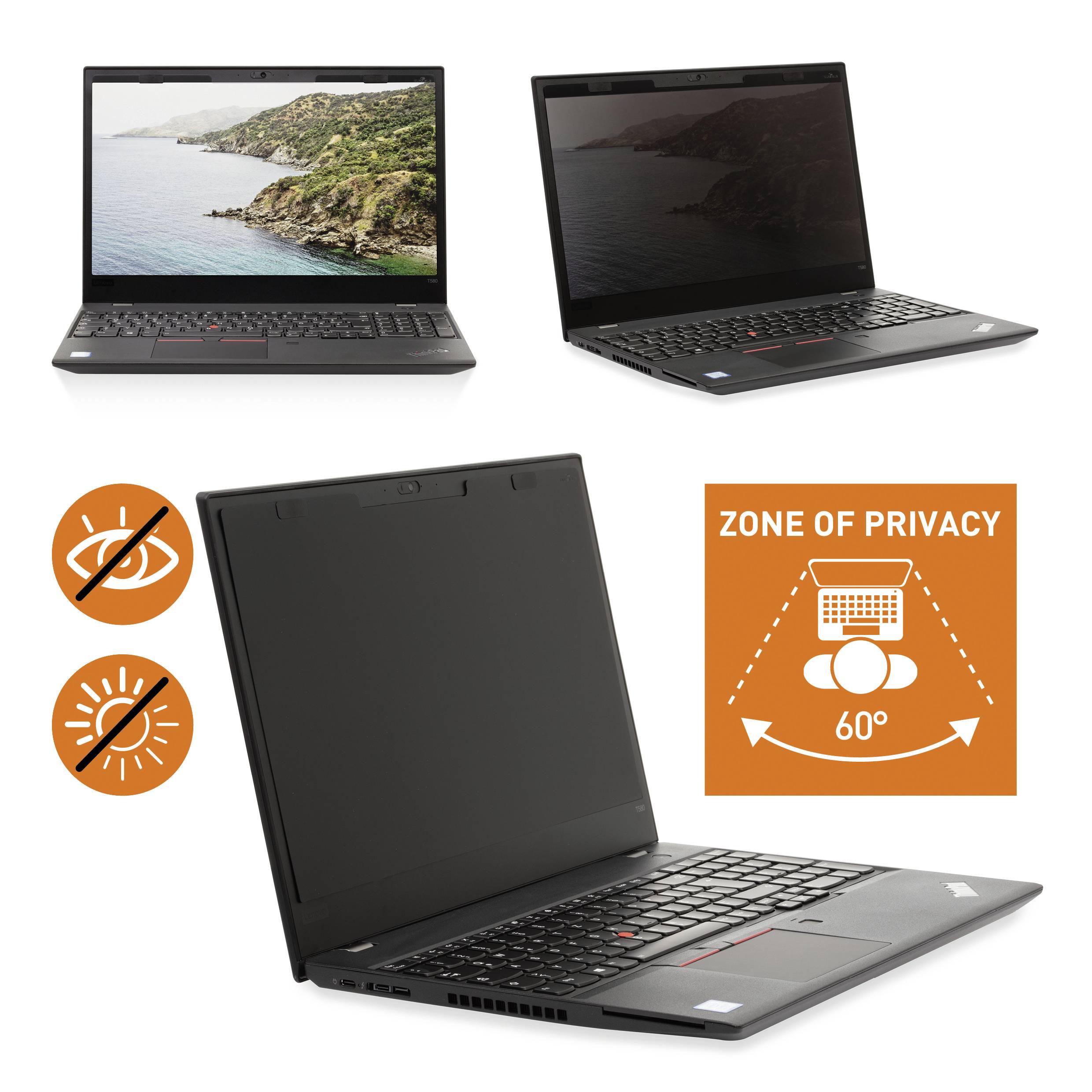 Drie laptops met verschillende schermen: standaard, antireflecterend en met privacyfilter, gesymboliseerd door oranje pictogrammen.