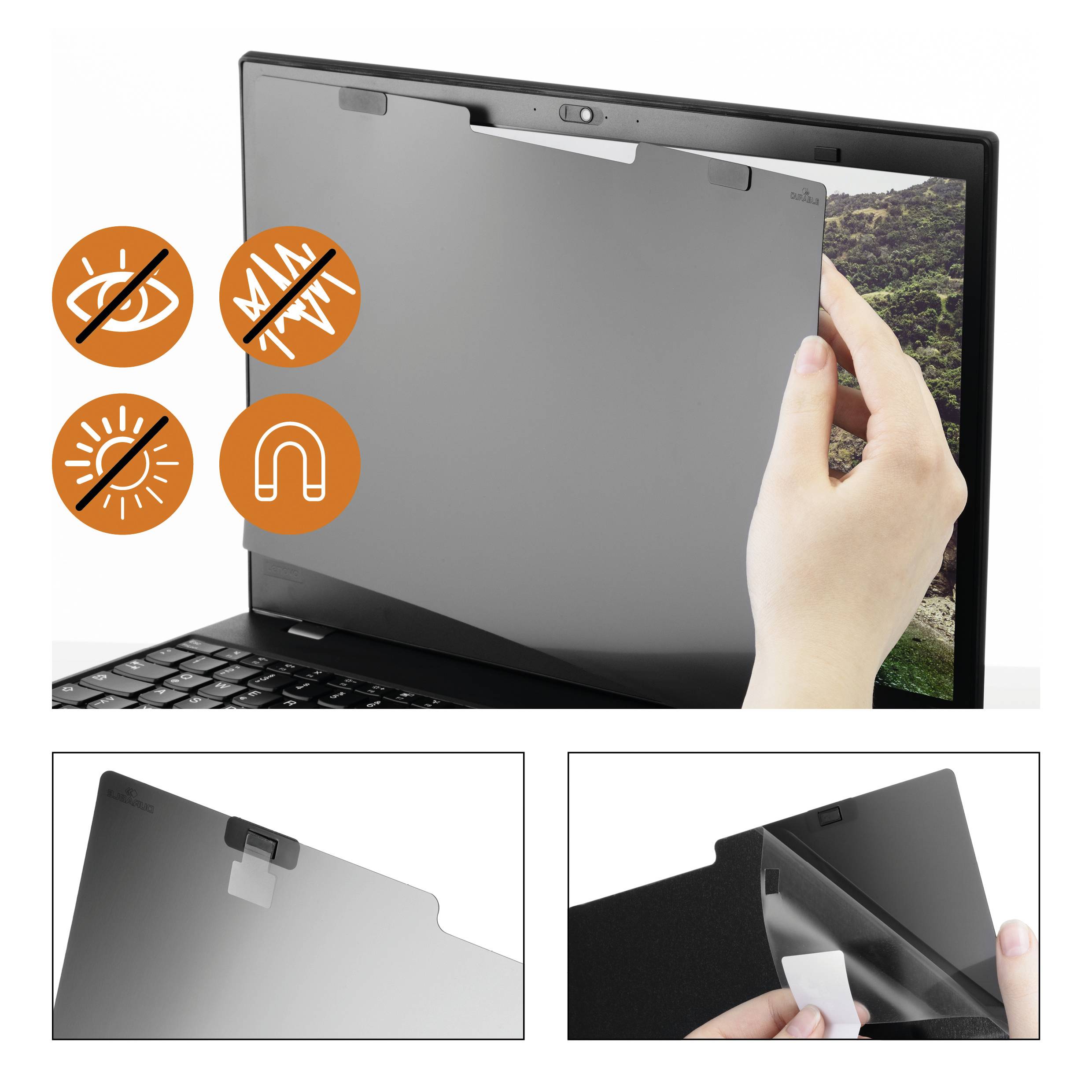 Een laptop wordt getoond met een magnetisch privacyfilter dat schittering vermindert en eenvoudige bevestiging door middel van magneten mogelijk maakt.