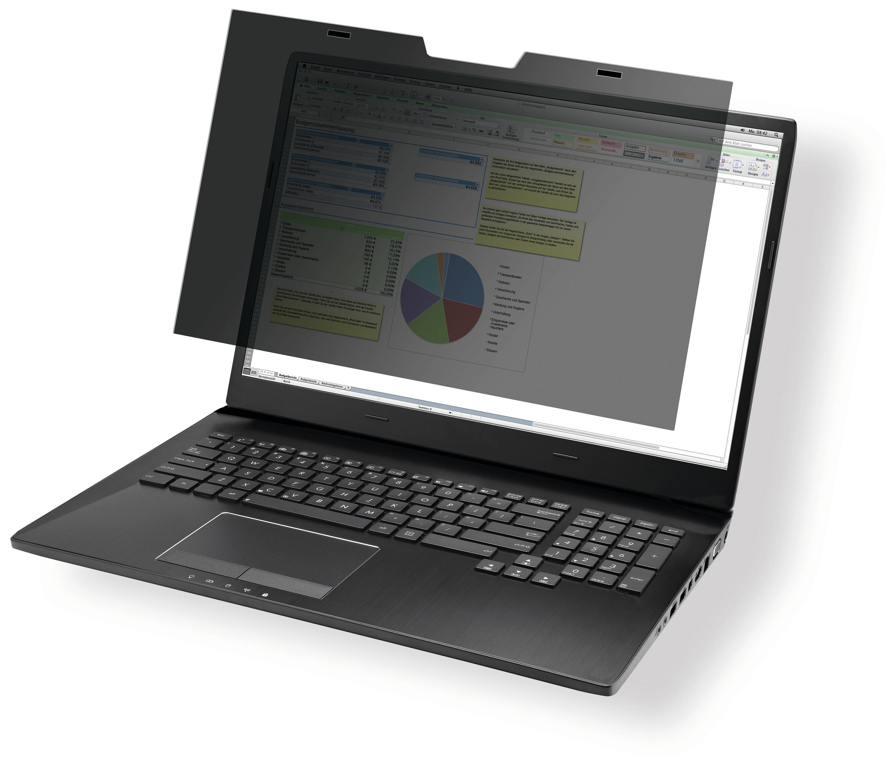 Een laptop met privacyscherm; het scherm toont diagramma's en tabellen die gedeeltelijk worden afgeschermd door het filter.