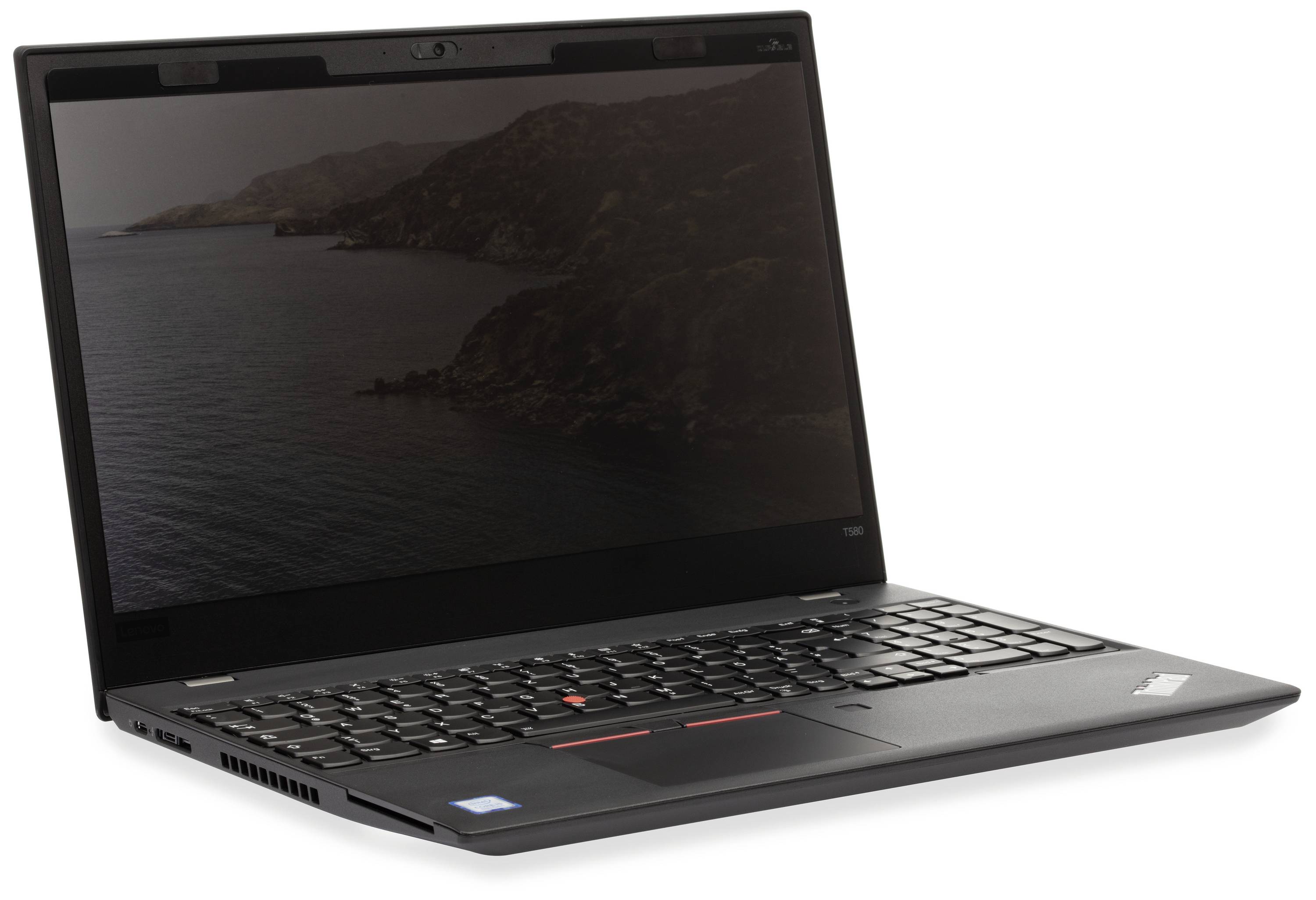 Een zwarte laptop met een geopend scherm. Het scherm toont een landschap. Het toetsenbord en het touchpad zijn zichtbaar.