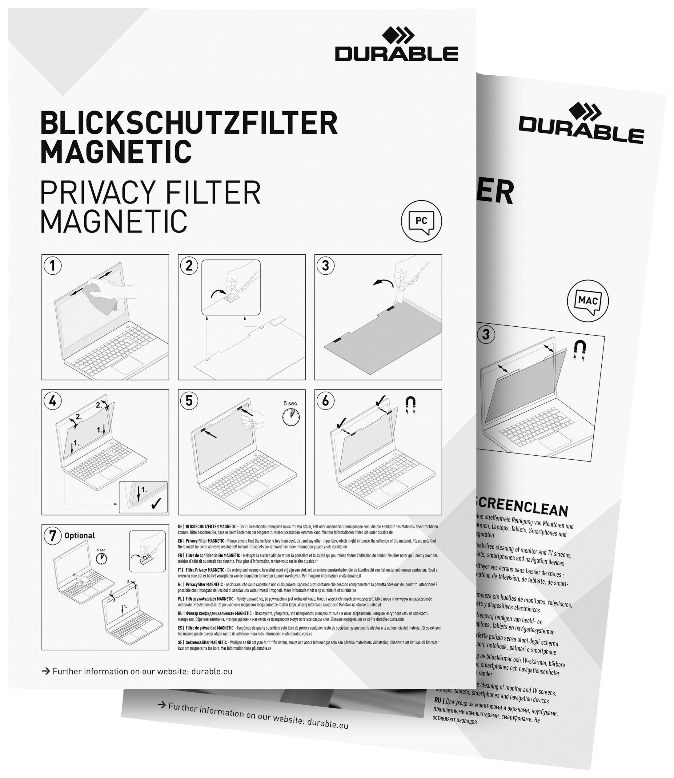Handleiding voor magnetische privacyfilter voor laptop. Stappen om de filter op het laptopscherm te bevestigen.