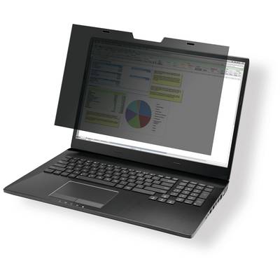 Een laptop met een afbeelding op het scherm en een anti-glare-filter die het display gedeeltelijk verduistert.