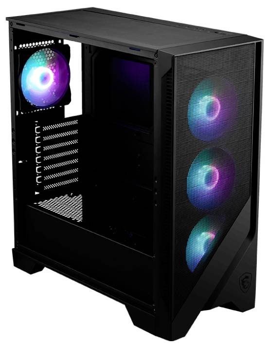 Zwart pc-behuizing met vier kleurrijke, verlichte ventilatoren; één aan de achterkant en drie aan de voorkant. Behuizing is leeg en toont ruimte voor componenten.