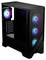 Zwart pc-behuizing met vier kleurrijke, verlichte ventilatoren; één aan de achterkant en drie aan de voorkant. Behuizing is leeg en toont ruimte voor componenten.