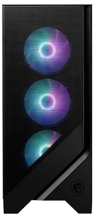 Een zwart computerbehuizing met drie oplichtende, meerkleurige ventilatoren aan de voorkant, verticaal gerangschikt.