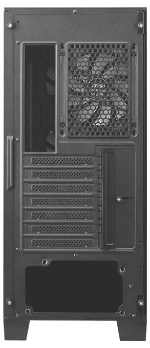 Een zwart computerbehuizing van achteren met ventilatieroosters en meerdere sleuven voor uitbreidingskaarten.