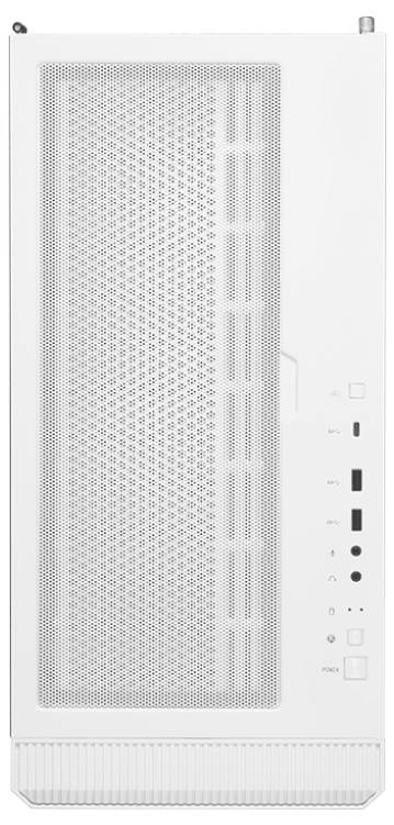 Vooraanzicht van een witte computerbehuizing met geperforeerde voorkant. Rechts bevinden zich aansluitingen en bedieningsknoppen.