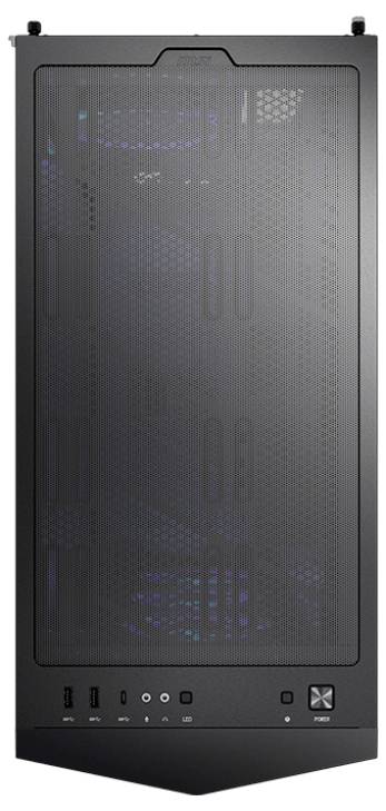 Zwart computerbehuizing van bovenaf gezien, met rasterontwerp en zichtbare aansluitingen zoals USB en audio aan de voorkant.