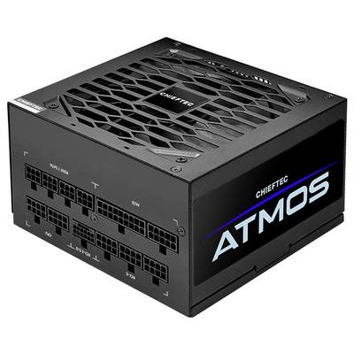 Een zwart Chieftec ATX-voedingsapparaat met modulaire aansluitingen en een ventilatorrooster aan de bovenkant.