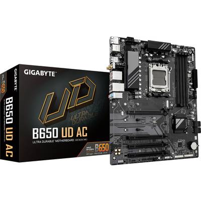 Gigabyte B650 UD AC Moederbord met verpakking, gemarkeerd met 'Ultra Durable', ondersteunt AMD Ryzen-processors.