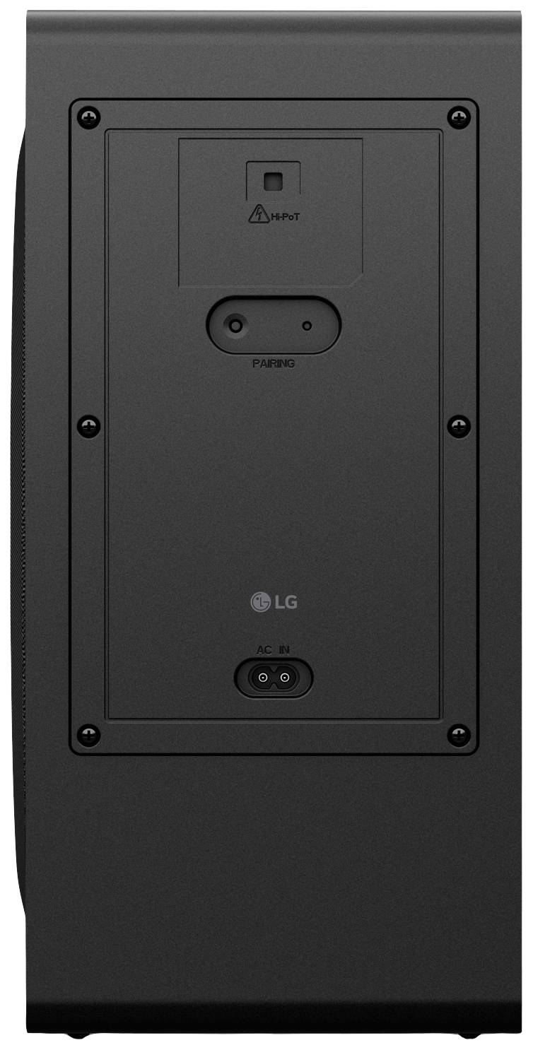 Achterkant van een zwarte luidspreker met aansluitingen en bedieningselementen, inclusief een LG-logo en bedieningsknoppen.