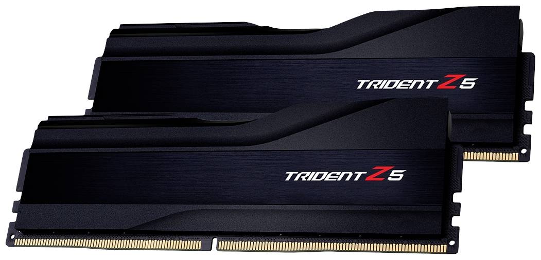 Twee zwarte RAM-sticks van de serie 'Trident Z5' van G.Skill met gouden contactstrips en een modern design.