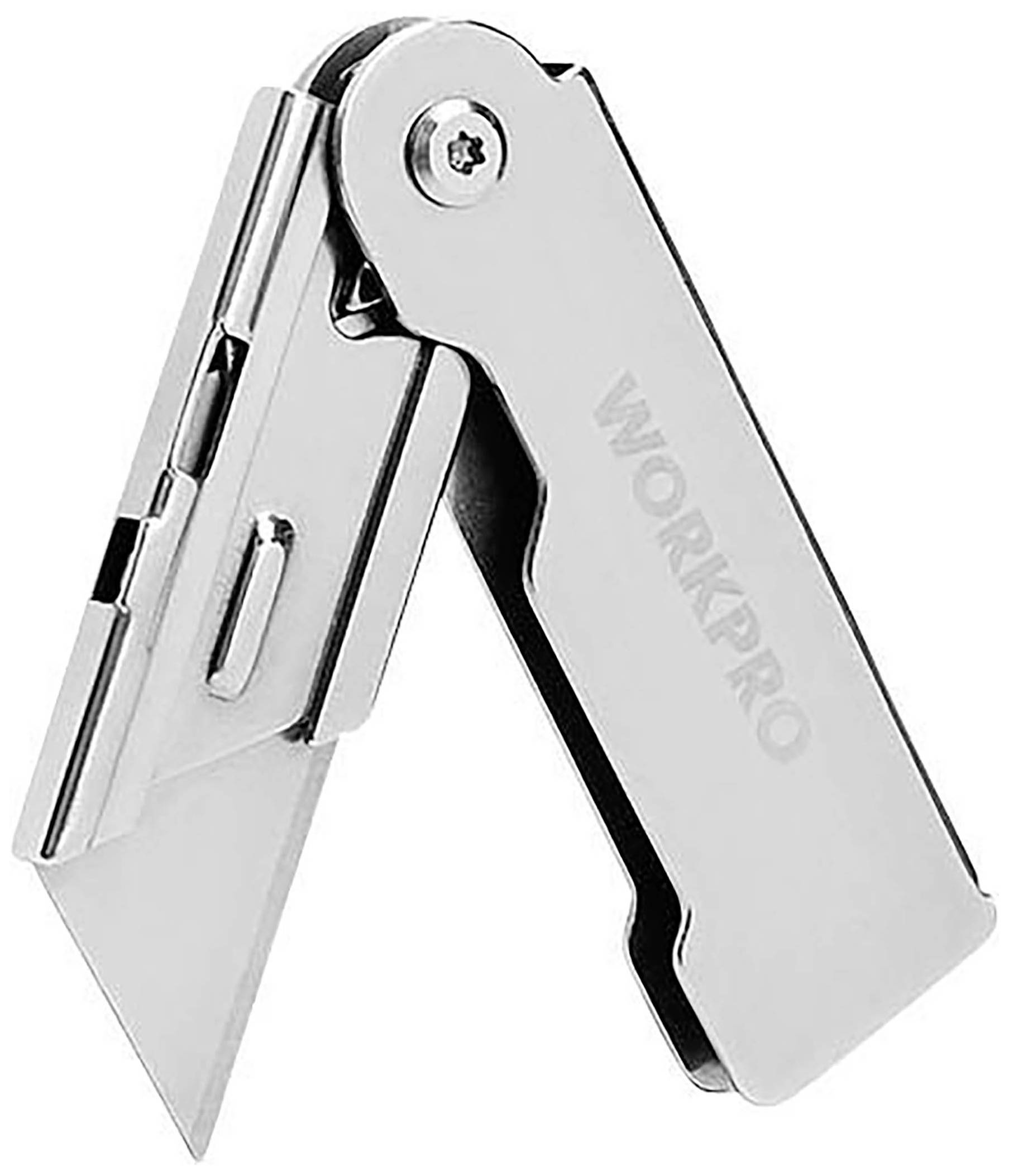 Opvouwbaar, zilver cuttermesser met zichtbare lemmet en de opdruk 'WORKPRO' op de handgreep.
