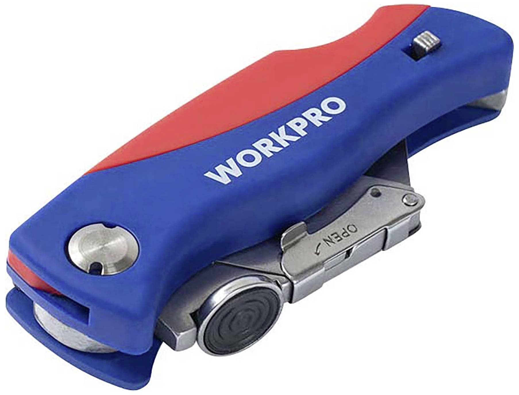 Een blauw-rood multifunctioneel gereedschap met het opschrift 'WORKPRO'. Het heeft verschillende ingeklapte functies, waaronder een mes.