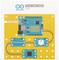 Illustratie van een Arduino 'Plug and Make Kit' op een gele achtergrond. Weergegeven worden een Arduino-printplaat en aangesloten modules.