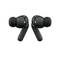 Zwarte draadloze in-ear hoofdtelefoon met een compact ontwerp, elk voorzien van een klein microfoon en volume regelaar.