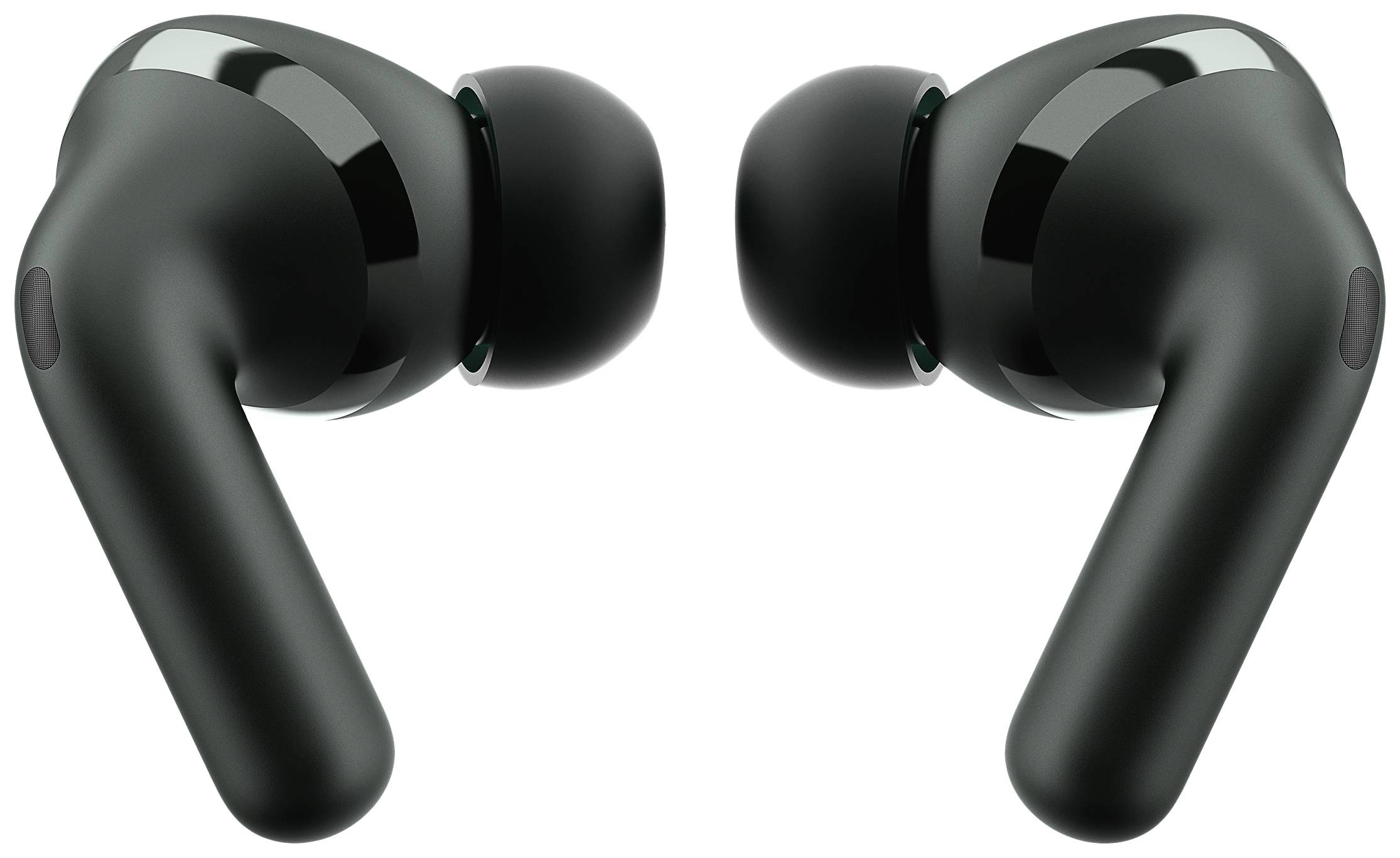 Zwarte draadloze oordopjes met ergonomisch ontwerp en zachte oorkushens, naast elkaar geplaatst.