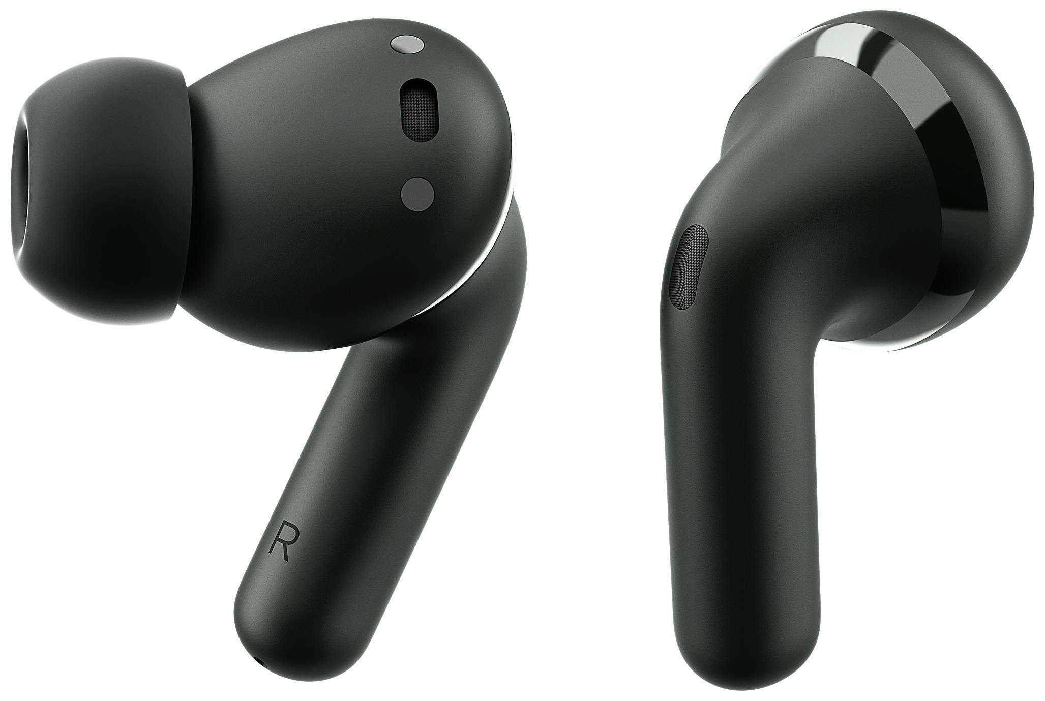 Twee zwarte, draadloze oordopjes met een ergonomisch ontwerp, eentje voor het rechteroor en eentje voor het linkeroor, op een witte achtergrond.