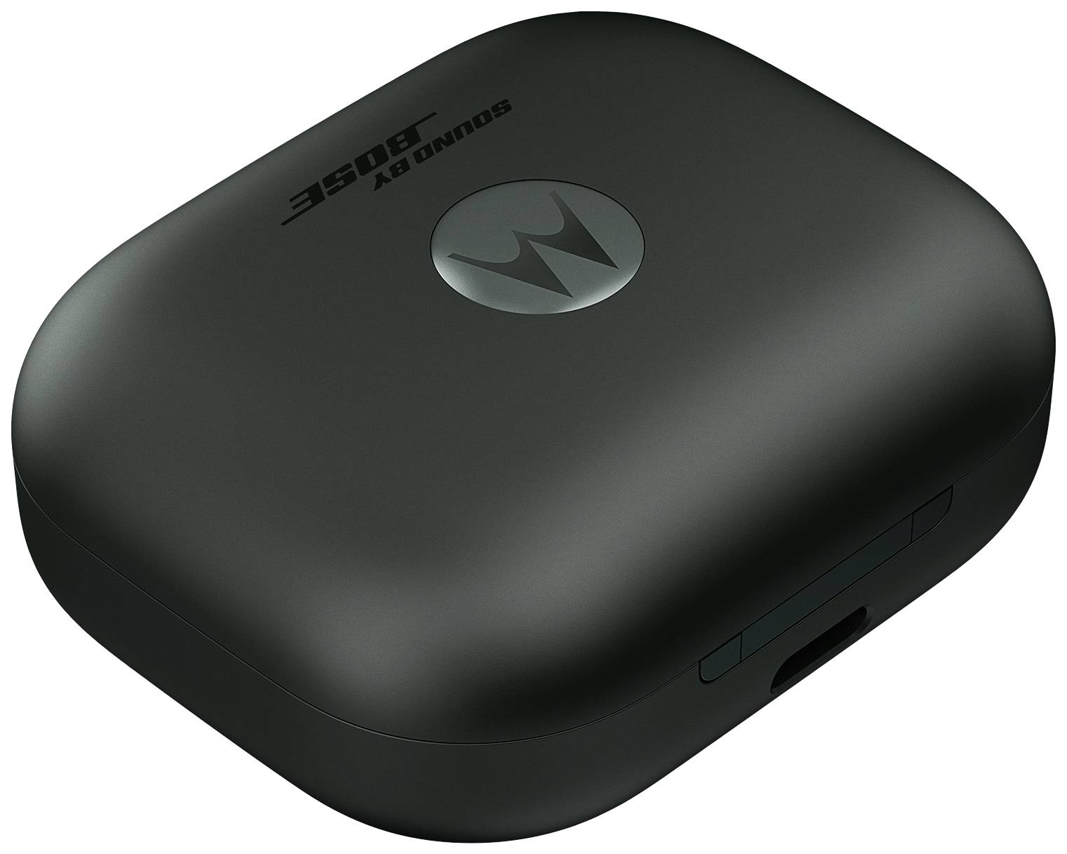 'Zwart, vierkant Bose-laadapparaat met afgeronde hoeken, centraal logo en zichtbare aansluiting.'