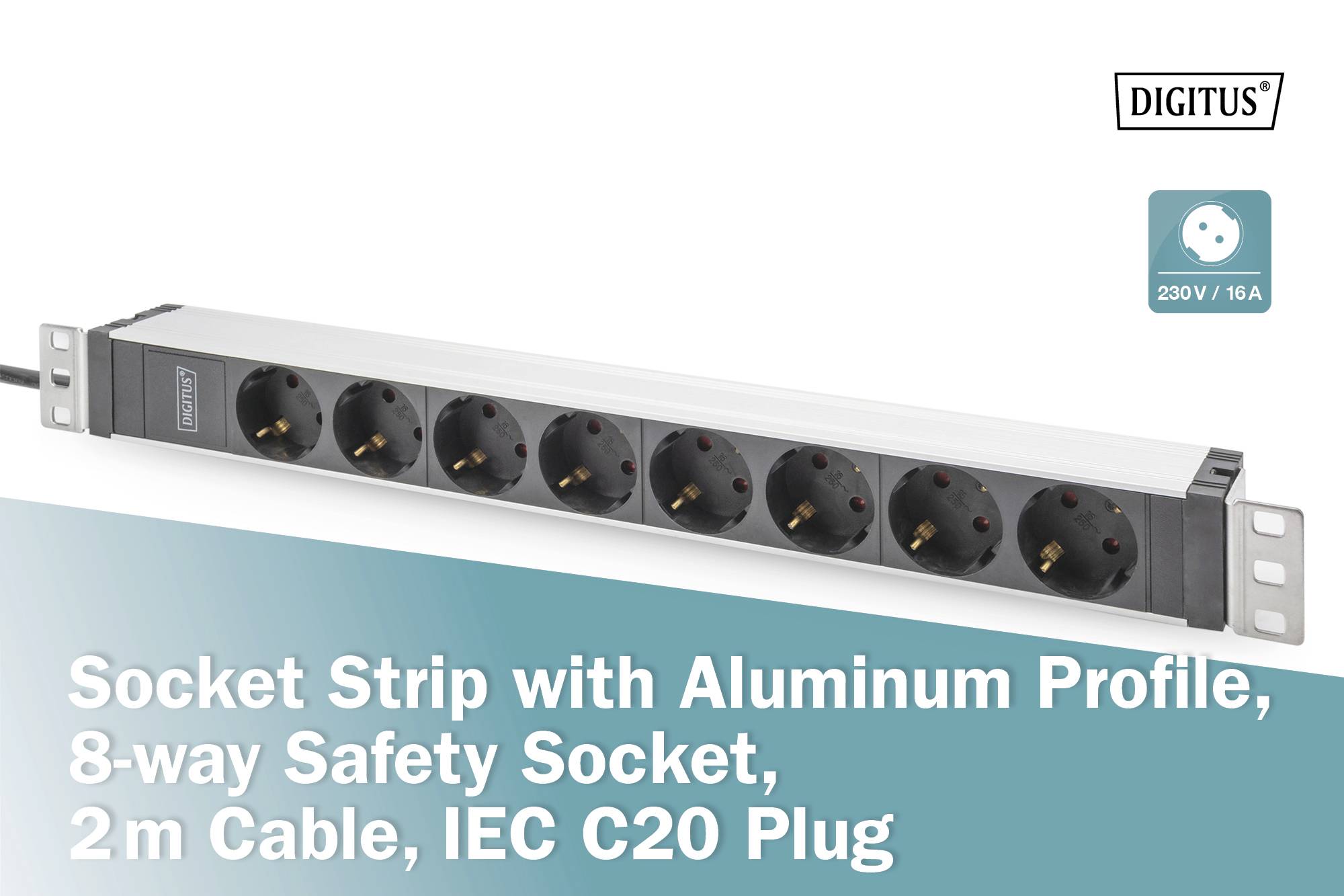 Digitus DN-95428 19 inch Stekkerdoos voor patchkast 1 HE Geaarde contactdoos Geschikt voor kastdiepte: vanaf 300 mm Alum-9