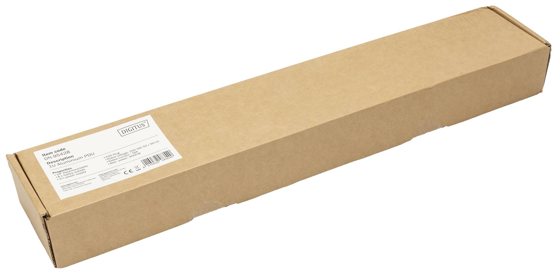 Een lange, smalle bruine kartonnen doos met een wit etiket op de bovenkant. Het etiket bevat tekst en barcodes.