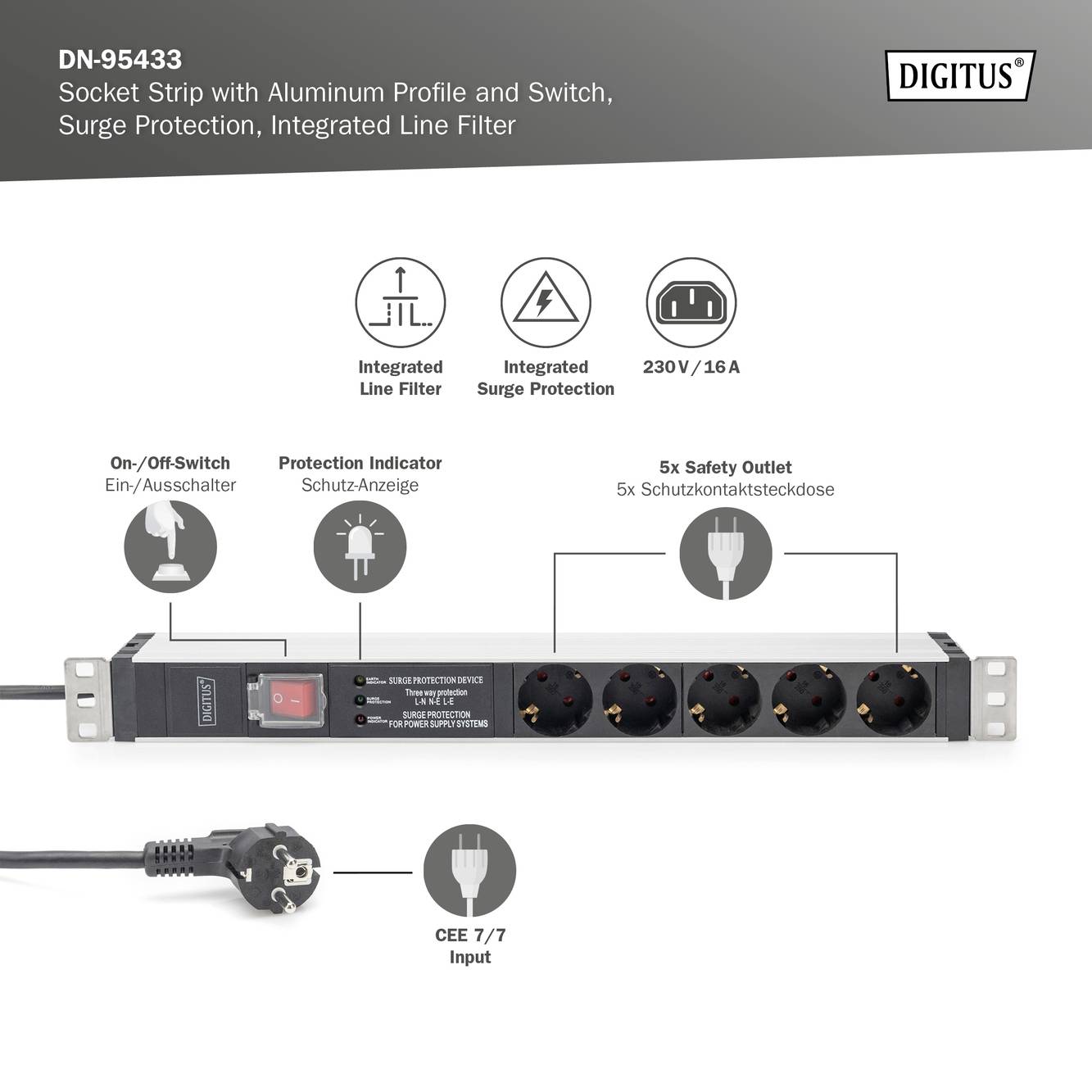 Digitus DN-95433 19 inch Stekkerdoos voor patchkast 1 HE Geaarde contactdoos Geschikt voor kastdiepte: vanaf 300 mm Alum-6