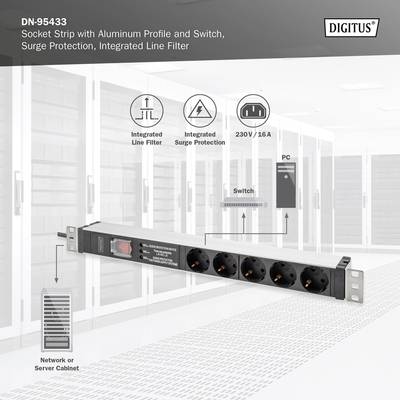 Digitus DN-95433 19 inch Stekkerdoos voor patchkast 1 HE Geaarde contactdoos Geschikt voor kastdiepte: vanaf 300 mm Alum-7